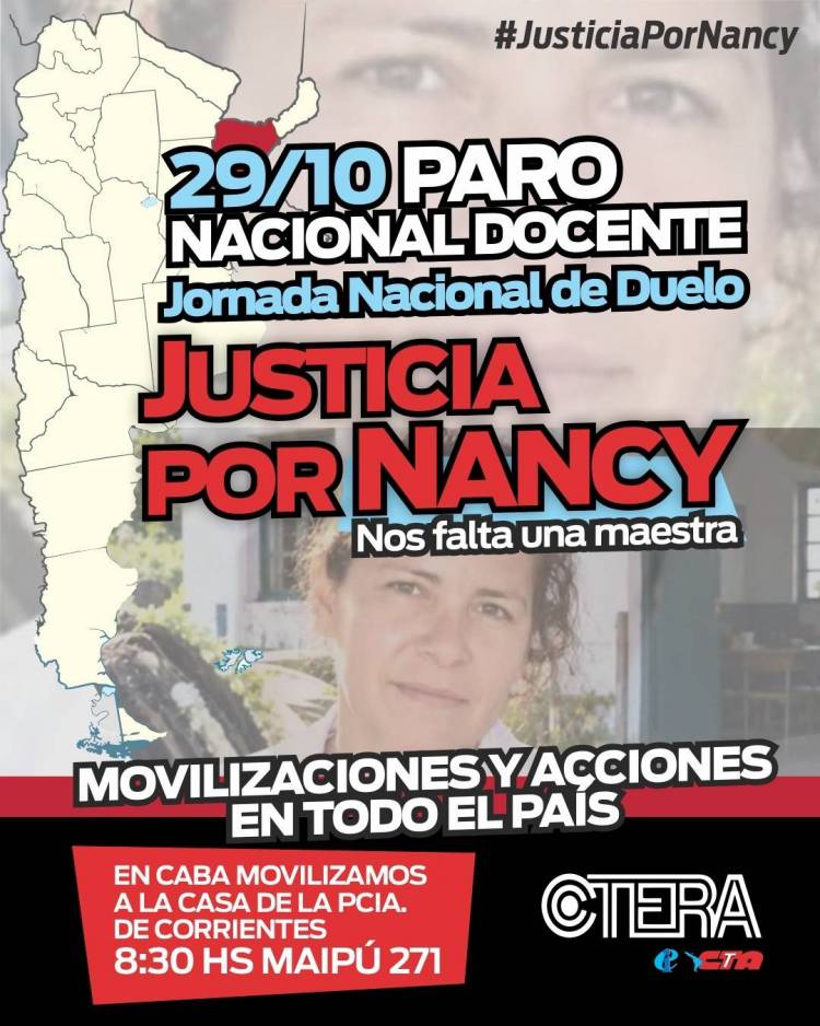 Para Nacional de CTERA por el asesinato de la docente rural Nancy Godoy